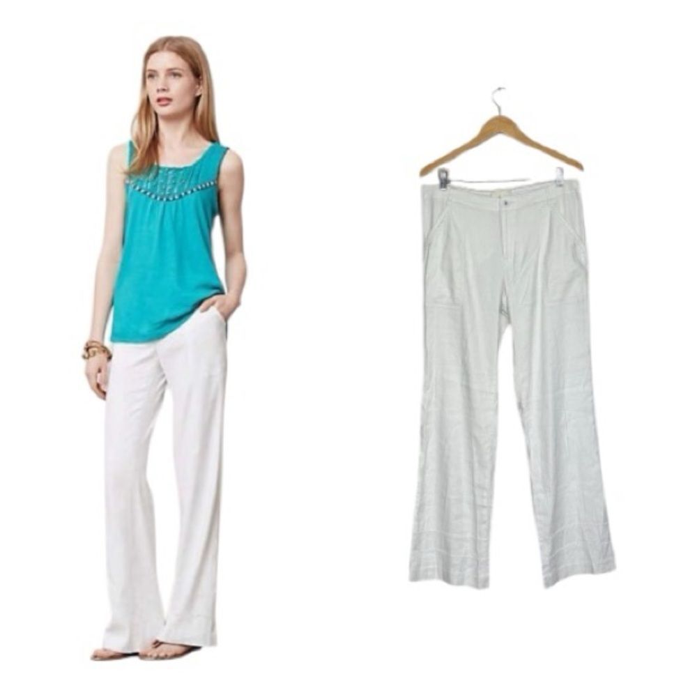 Anthropology Elevenses White Linen Rayon Blend Trouser Pants. Size 6.